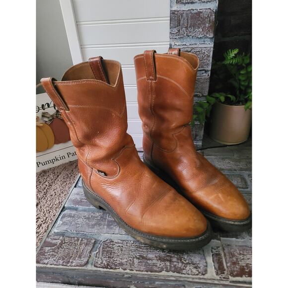 Justin Work Boots  Men’s 10EE Wide Tan Leather Pull-On USA Made Durable Sole - Picture 1 of 5